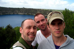 Chris, Chris, and me in front of Mount Gambier's Blue Lake