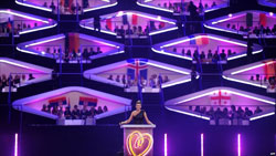 Eurovision host Anke in front of the Galactic Senate