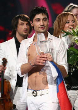 Dima Bilan - Russia's Eurovision winner holding the winner's trophy