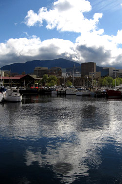 Hobart's harbour with Mount Wellington behind it