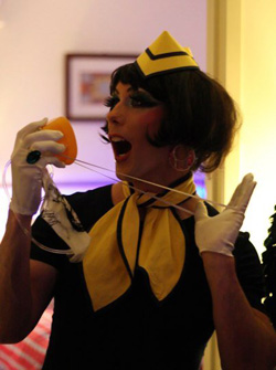 Graham aka Pam Man demonstrating how to use the oxygen mask