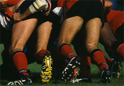 Close up of scrum rugby players' thighs
